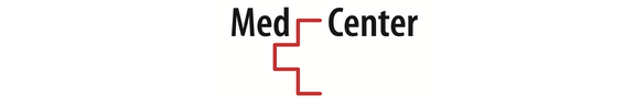 Logo mit schwarzem Schriftzug „Med Center“; dazwischen ein rotes, eckiges, stilisiertes Kreuz als medizinisches Symbol.